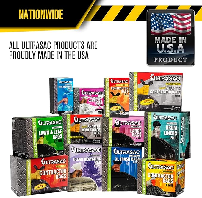 Ultrasac Contractor Bags 42 Gallon (20 PACK/w FLAP TIES), 32.75 x 44.5-3 MIL Thick Large Black Heavy Duty Industrial Garbage Trashbags for Professional Construction and Commercial use