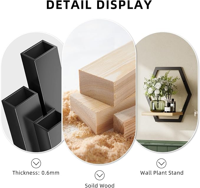 3 Pack Solid Wood & Metal Framework Wall Plant Stands,9 inch Natural Wood Shelf of Indoor,Mid Century Modern Hanging Planter for Outdoor Entryway 25 LB Load for Plants Black