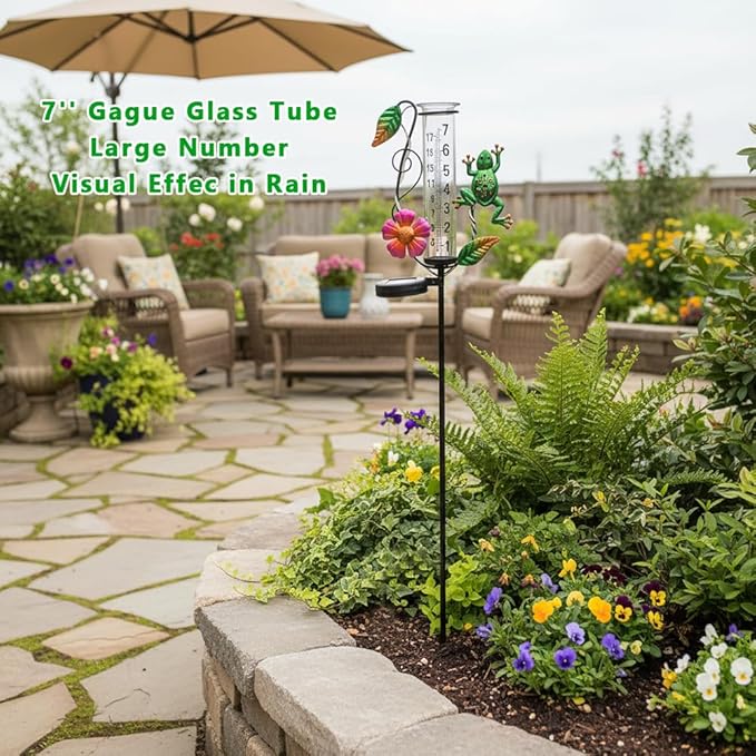 Solar Rain Gauge Outdoor - 7-Inch Glass Tube Frog Design Decorative Weather Gauge for Garden, Yard, Lawn, Patio