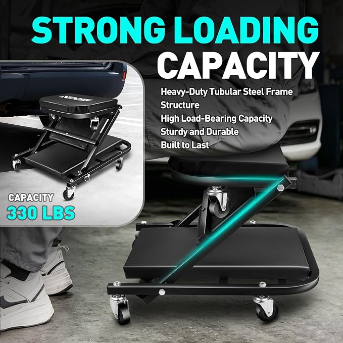 DNA Motoring 40 Inches Folding 2 in 1 Rolling Z Creeper, Adjustable Roller Garage Chair Lay Down or Sit, 6 Pcs 2" Casters, 150kg Weight Capacity, Black, TOOLS-00494