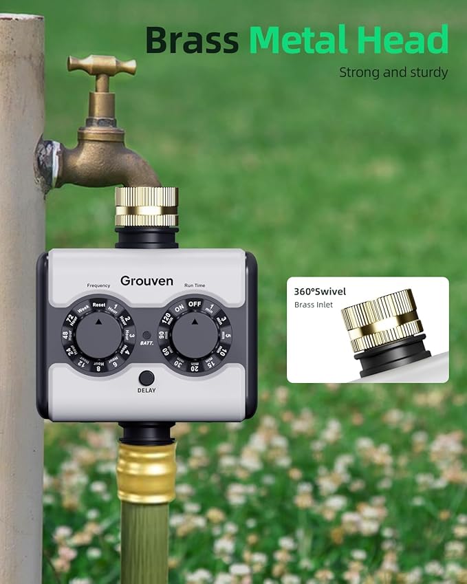 Sprinkler Timer with Brass Inlet Ball Valve Water Timer No Water Pressure Required for Garden Irrigation with Rain Delay/Manual Watering System