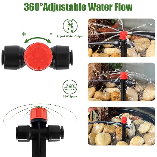30pcs Drip Irrigation Emitters, Kalolary Adjustable 360 Degree Water Flow Emitters for 1/4" Tubing, Two-Way Connection Irrigation Drippers for Garden, Lawn, and Greenhouse Watering Systems(Red)