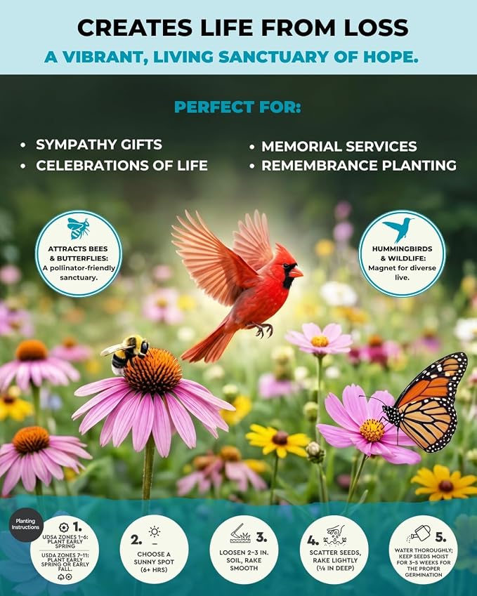 Tactiko Garden 29 Memorial Wildflower Seeds Mix – 30,000+ 1 oz Remembrance Garden Seeds for Loved Ones & Pets – Sympathy Gift, Funeral Favors, Celebration of Life Garden Kit, 150 sq ft Coverage