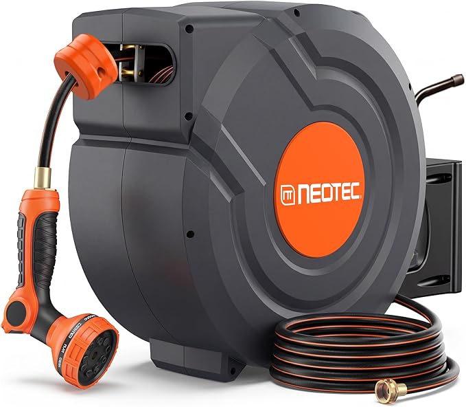 Upgraded Retractable Garden Hose Reel 1/2 inch x 155 ft 9 Pattern Nozzle Heavy Duty Metal Bracket Wall-Mounted Any Length Lock Automatic Slow Return 180° Swivel UV Resistant Hose Reels for Outside