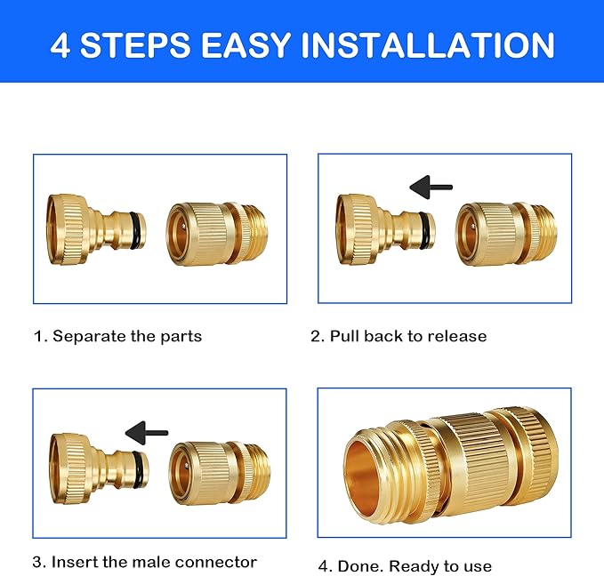 Hourleey Garden Hose Quick Connect, 4 Set Solid Brass 3/4 Inch GHT Thread Garden Hose Quick Connect Fittings, No-Leak Male and Female Water Hose Quick Release Connectors