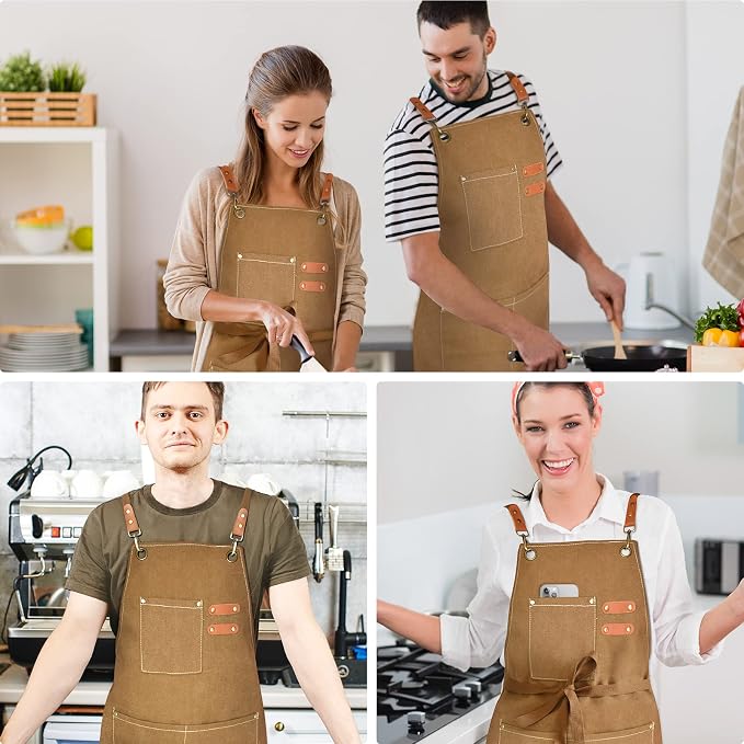 OUNLEN Chef Apron for Men Women Canvas Aprons with 3 Pockets Cross Back Resistant Work Apron for Cooking