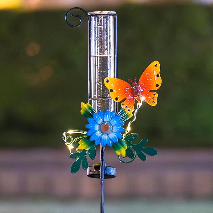 Rain Gauge Outdoor,Rain Gauges,Glass Decorative Rain Guage with Metal Stake for Garden Yard Lawn Decor,Butterfly