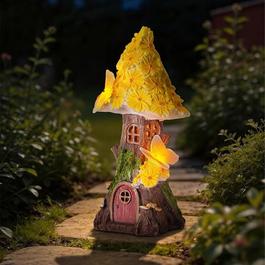 Fairy Garden House, Solar Fairy House for Outside Decor, Mushroom Outdoor Garden Statues for Yard, Lawn, Balcony Patio, Outdoor Figurine Lights Gifts for Mom Women