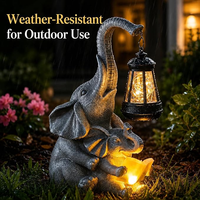 Candieslife Solar Elephant Garden Statue with Lantern, Outdoor Resin Elephant Figurine Lights for Yard Patio Porch Lawn, Weather-Resistant Garden Decor Sculpture, Gifts for Mom Women Grandma