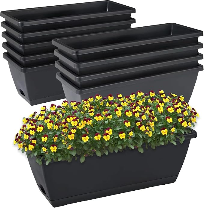 CHUKEMAOYI Window Box Planter, 10 Pack Plastic Vegetable Flower Planters Boxes 17 Inches Rectangular Flower Pots with Saucers for Indoor Outdoor Garden, Patio, Home Decor (Black)