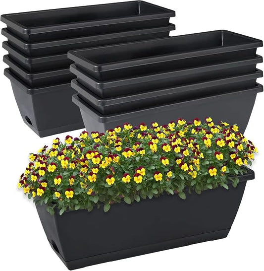 CHUKEMAOYI Window Box Planter, 10 Pack Plastic Vegetable Flower Planters Boxes 17 Inches Rectangular Flower Pots with Saucers for Indoor Outdoor Garden, Patio, Home Decor (Black)