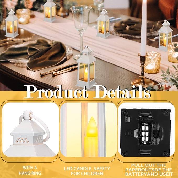 Hoolerry 24 Set 5.5'' Mini Lanterns with LED Candle for Wedding Centerpiece Vintage Decorative Hanging Small Lantern Battery Powered for Halloween Wedding Table Centerpiece(White)