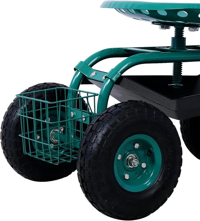 Rolling Garden Cart with Seat 360 Degree Swivel Seat Garden Scooter, Heavy Duty Garden Stool with Wheels, Utility Tool Tray Basket, Green