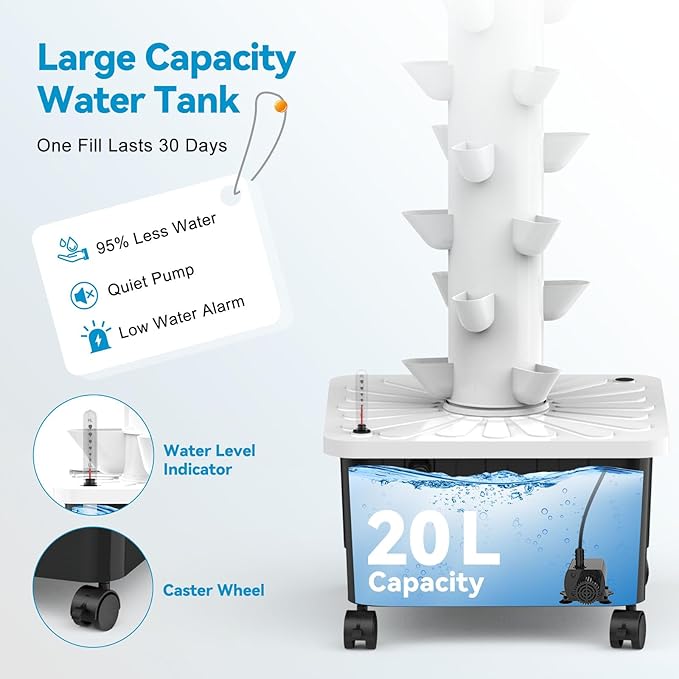 JESLED Hydroponic Tower with 5000K Full-Spectrum Grow Lights, 45 Pods Vertical 15 Tiers Hydroponic Tower, Auto Watering & Lighting for Indoor Herbs, Fruits and Vegetables, High 66.2"