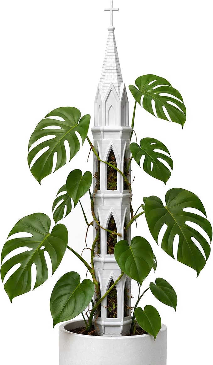 Gothic Tower Self-Watering Moss Pole for Monstera, 3D Printed Stone Texture Plant Support Stake for Climbing Plants, Indoor Plant Trellis for Philodendron, Pothos, Vine Plants (White)
