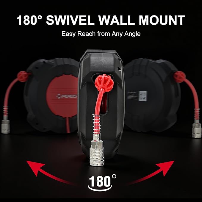PURUS Retractable Air Hose Reel, 1/4" x 32ft, 180° Swivel Wall/Ceiling Mount, Auto Rewind, Hybrid Hose Max 145 PSI Pressure Air Compressor Hose Reel Quick Coupler for Workshop & Garage
