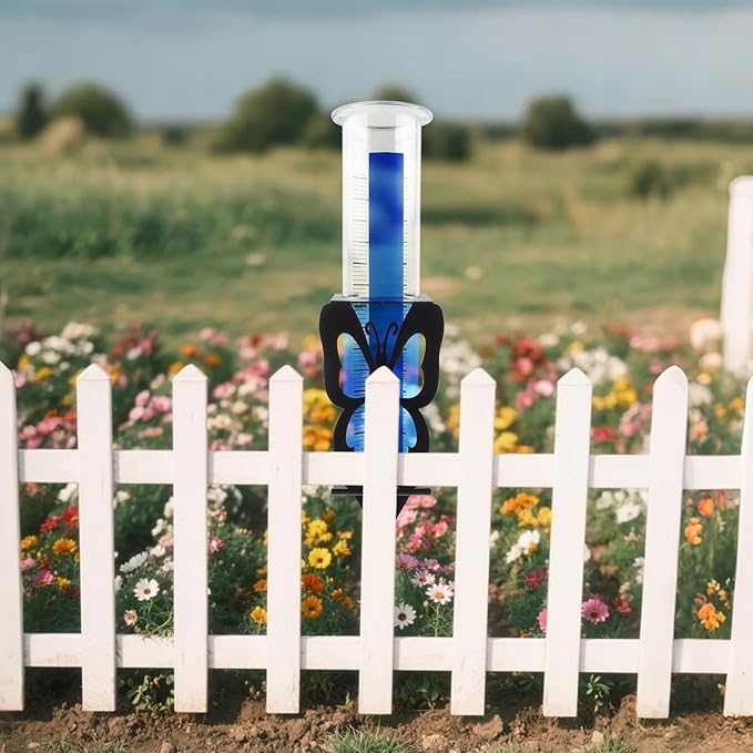 TBWHL Accurate Rain Gauge Outdoor,7" Rain Gauges Outdoors Best Rated with Stainless Steel Butterfly Shape Rack Holder, Thickened Plastic Large Precise rain Guage for Yard Fence Garden Lawn Farm