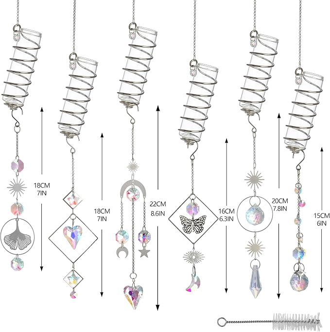 H&D HYALINE & DORA 6 Pcs Hanging Glass Propagation Stations with Crystal Suncatchers Glass Wall Planters for Indoor Plants Hydroponics Mini Test Tube Flower Vase with Metal Chain for Home Decor