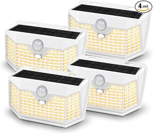 HMCITY 120 LED Solar Lights Outdoor with Motion Sensor and 3 Lighting Modes, IP65 Waterproof Wide Solar Wall Lights Ideal for Garden Patio Yard (Front Button 4Packs, White Shell-Warm White)