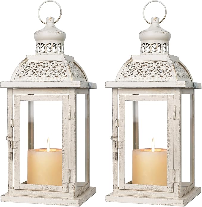 Lantern Decorative Indoor&Outdoor, 2 Pack 14.4'' Large Metal Candle Lanterns, Vintage Hanging Candle Holders for Farmhouse Wedding Front Porch Patio, Halloween Christmas Decorations for Home