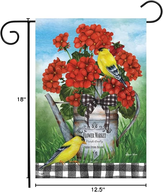 Briarwood Lane Geranium Watering Can Summer Garden Flag Goldfinches Birds 12.5" x 18"