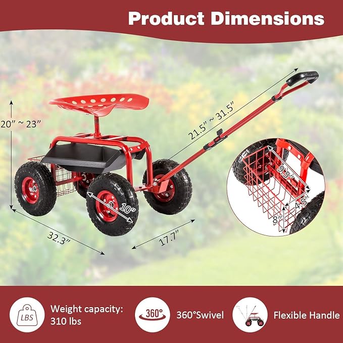 kinbor Garden Cart Rolling Scooter with Extendable Steering Handle, Swivel Seat & Utility Basket, Red