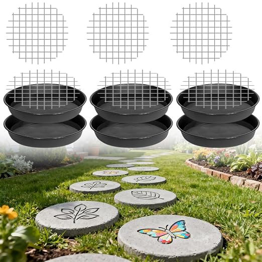 6 Pcs Stepping Stone mold with Reinforced Steel Net, Round Plastic Cement molds for Concrete, Dia 10.2 in/ 1.18 in Depth Black Tray, Reusable DIY Form for Garden Path, Walkway