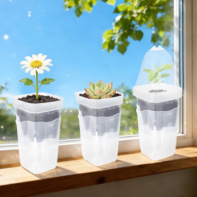 12 Pack 2.5" Self Watering Propagation Pots with Humidity Dome, Clear Plastic Seed Starter Cups, for Seedlings, Cuttings, Succulents, Herbs, Vegetables, with 12 Labels Included (Transparent 24 Pack)
