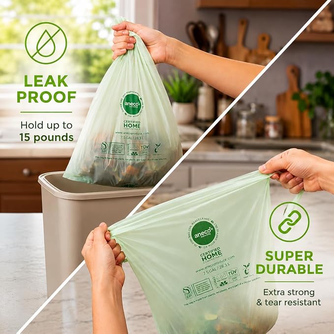 ANECO 100% Compostable Food Waste Bags 3 Gallon, 100 Count, Extra Thick Compost Bags for Countertop Bin, Small Compost Bag, Food Waste Bags with TUV OK Compost Home and BPI certified