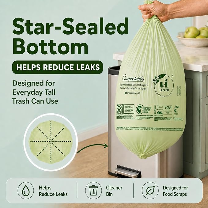 UNNI Compostable Trash Bags, 13 Gallon / 49.2 Liter, 200 Count Value Pack, Extra Thick 0.9 Mil Tall Kitchen Food Scrap Bin Liners, Certified by BPI, CMA & OK compost HOME, Meets ASTM D6400 Standard