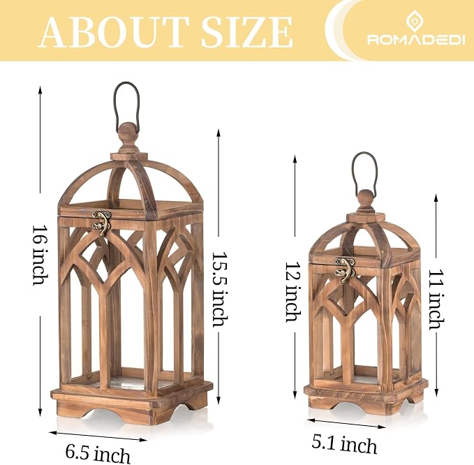 Romadedi Farmhouse Candle Lantern Wooden - 12" / 16" Set of 2 Decorative Rustic Wood Candle Holder Home Decor Decoration Wedding Table Centerpiece, Brown