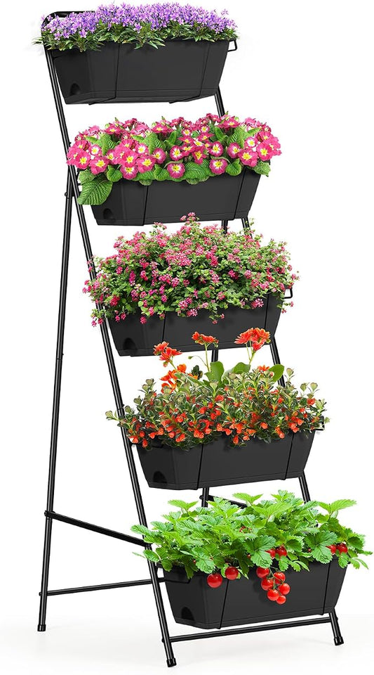 Vertical Garden Planter 5 Tiers Raised Garden Bed Outdoor Standing Herb Garden Planter with Drainage Holes and Removable Tray Planters for Outdoor Plants Vegetables Flowers Black