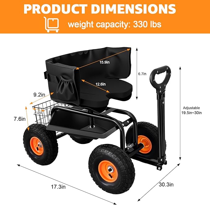 Garden Cart Rolling Workseat with Wheels, Gardening Stool for Planting, 360 Degree Swivel Seat, Wagon Scooter with Steering Handle & Utility Tool Tray, Use for Patio, Yard, and Outdoors