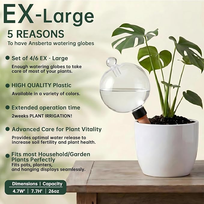 EX-Large Plant Watering Globes with Cover 26oz Top Fill Plastic Water Bulbs Self Watering Planter Inser, Slow Release Terracott, Plant Watering Devices for Plants, 6 Pack
