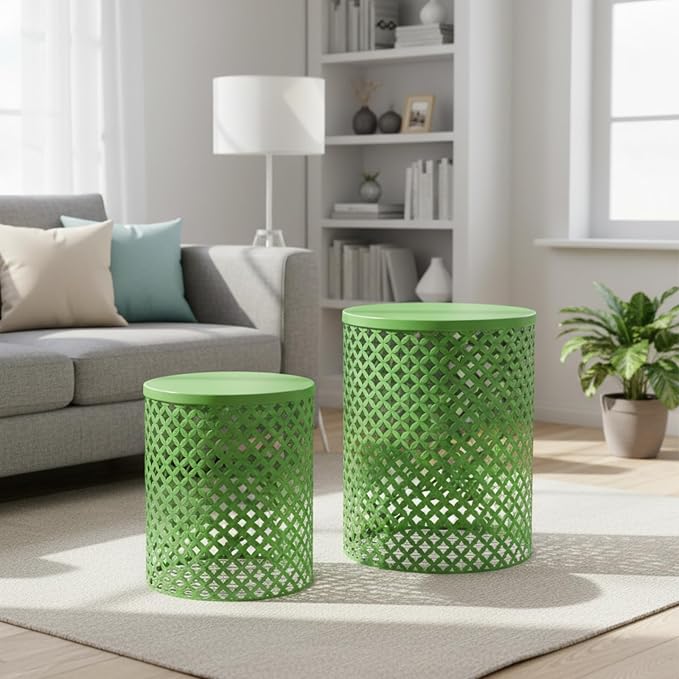 Set of 2 Outdoor Side Table, Garden Stool for Patio, Metal Accent Table Modern End Table, Patio Side Table for Garden, Balcony, Bedroom Indoor Outdoor Decorative, Vibrant Green