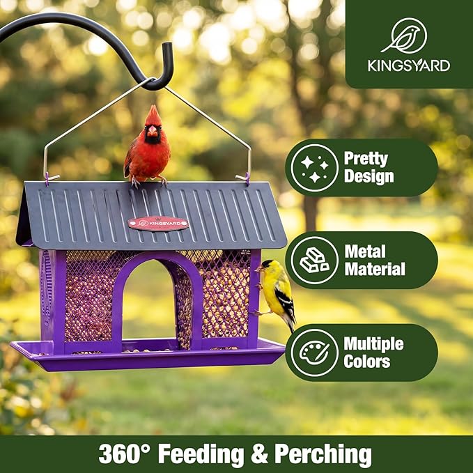 Kingsyard Bird Feeder for Outdoors Hanging, Dual-Use Metal Mesh Wild Bird Feeders with Seed Tray & Weatherproof Roof, 3 lbs Large Capacity, Purple