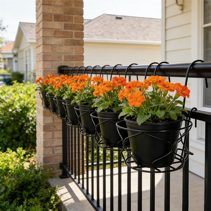 Noamus 3 Pack 10" Hanging Railing Planters Basket, Round Iron Rack Fence Shelf, Metal Wire Flower Pot Holder, Plants Hangers with Detachable Hook for Balcony Garden Indoor and Outdoor (Black)