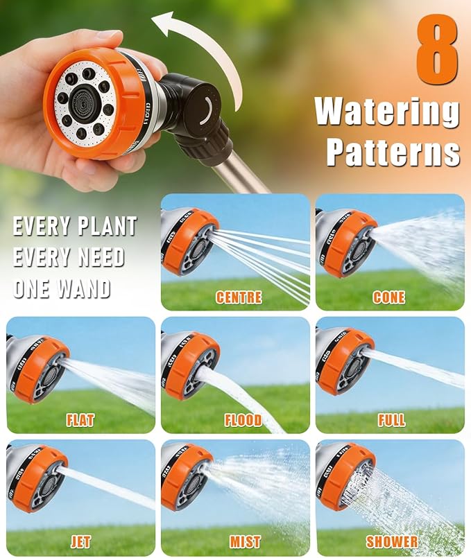 24-Inch Watering Wand with 8 Spray Patterns & 180° Rotating Head, Arthritis Friendly Hose Sprayer Nozzle with Thumb Control, Hose Nozzle for Hanging Baskets, Garden Plant & Cleaning Works