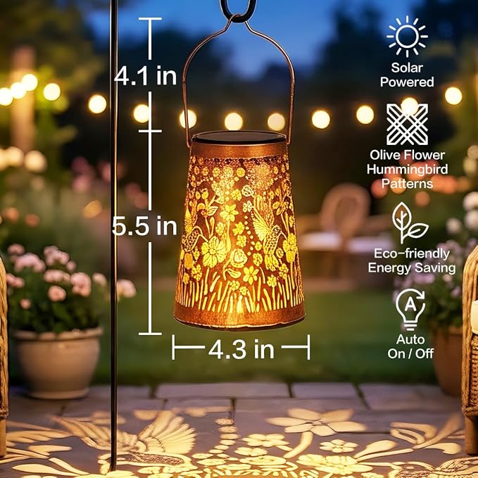 LeiDrail Hummingbird Solar Lanterns Outdoor, 4 Pack Metal Hanging Garden Lights, Waterproof Vintage Copper Decorative Lantern Set for Yard Patio Porch, Gifts for Women Mom Grandma