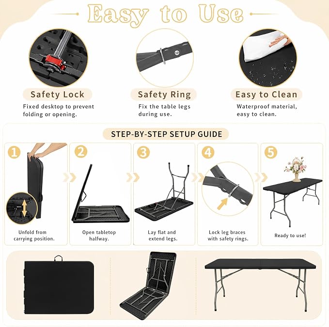 HAISIWLKJ Folding Table 6 FT Lightweight Camping Table Black Portable Plastic Rectangular Outdoor Dining Table Steel Legs Fold-in-Half with Carrying Handle for Indoor,Picnic,Party,Wedding,Events