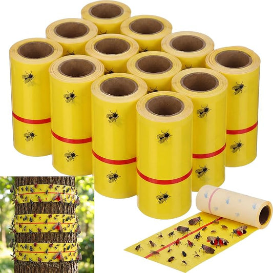12 Rolls Spotted Lantern Fly Tree Trap 30 Feet Each Roll Lanternfly Tree Outdoor Fruit Fly Sticky Strips Paper Insect Sticky Barrier Trunk Wraps to Protect Plant, Lawn, Garden(Yellow and Red)