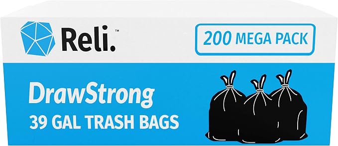 Reli. 39 Gallon Trash Bags Drawstring (200 Count Bulk) Large 39 Gallon Heavy Duty Drawstring Trash Bags - Black Garbage 39Gal Capacity, Lawn Leaf (39Gal)