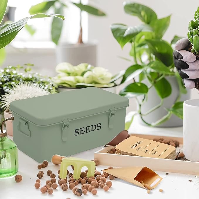 Seed Saving Box, Metal Seed Bin, Seed Storage Organizer Box, Seed Packet Container with Lid, Seed Envelope Storage Box, 4 Compartments Garden Seed Bin with Safety Locks-Green