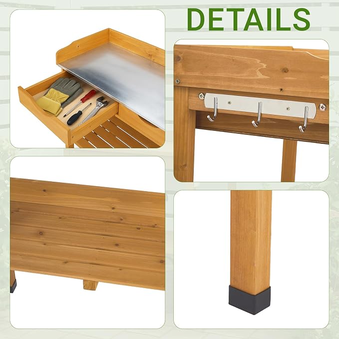 Outdoor Potting Bench Garden Work Station, Solid Wood Planting Table w/Sink Drawer Shelves,Metal Top, Folding Patio Furniture for Porch Balcony (29.8 x 14.6 x 36.4(Fir Wood Color))