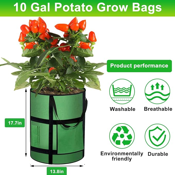 MEKOLIFE 10 Gallon Potato Grow Bags with Viewing Window, 300G Nonwoven Garden Planting Pots, Heavy-Duty Surround Handles for Gardening Supplies (6Pack Grow Bags)