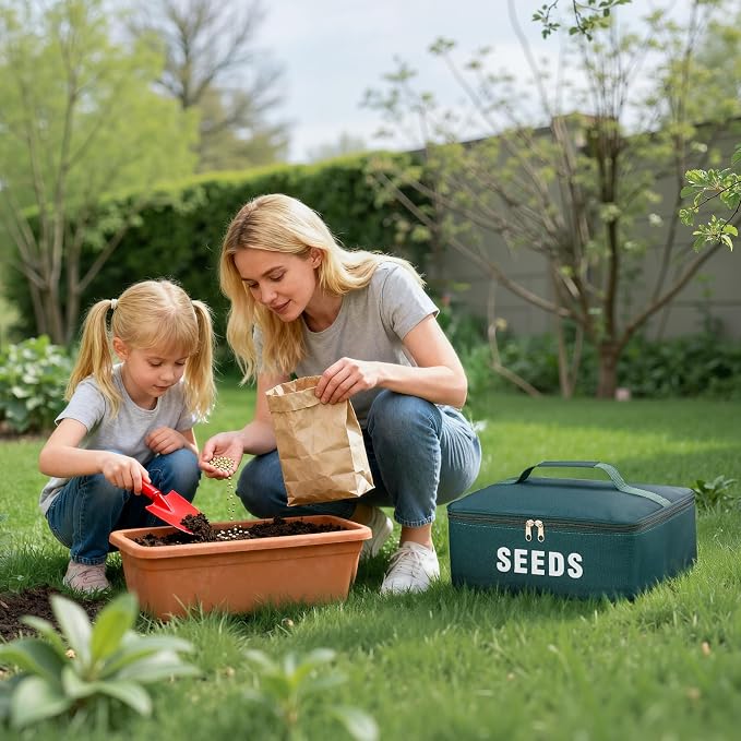 22 Slots Seed Storage Organizer Box with 30 Seed Envelopes & 84 Labels, Large Capacity Seed Packet Organizer Case, Waterproof Oxford Fabric Seed Vault Container for Garden Seed Organizer, Green