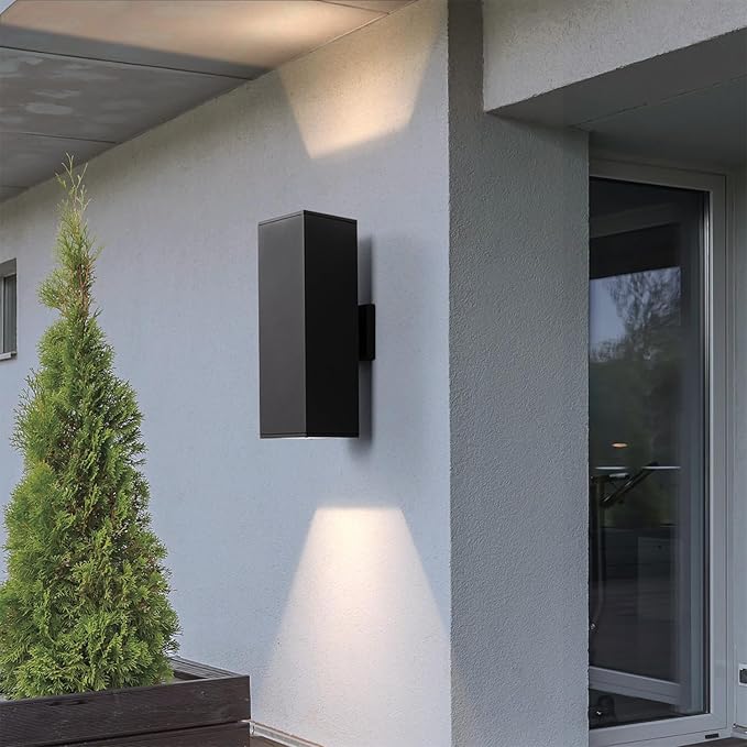 mirrea Modern Outdoor Porch Light Patio Light in 2 Lights with Aluminum Rectangular Tube and Tempered Glass Cover Waterproof Wall Sconce (Matte Black 18")