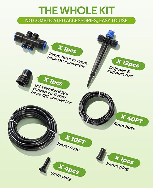 HIRALIY 50FT Drip Irrigation Kit, Garden Watering System with Quick Connectors, 6-Way Splitter, 12 Adjustable Drippers, 1/4" Tubing & 15mm Main Hose forRaised Beds, Patio, Greenhouse
