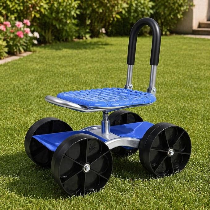 Garden Seat with Wheels, Knee Pain Relief, 360° Swivel Rolling Stool, Adjustable Seat Height 8.7"–13.8", Max Load 300 lbs, Tool Storage Tray, Foldable Outdoor Workseat for Patio Yard Planting Picking