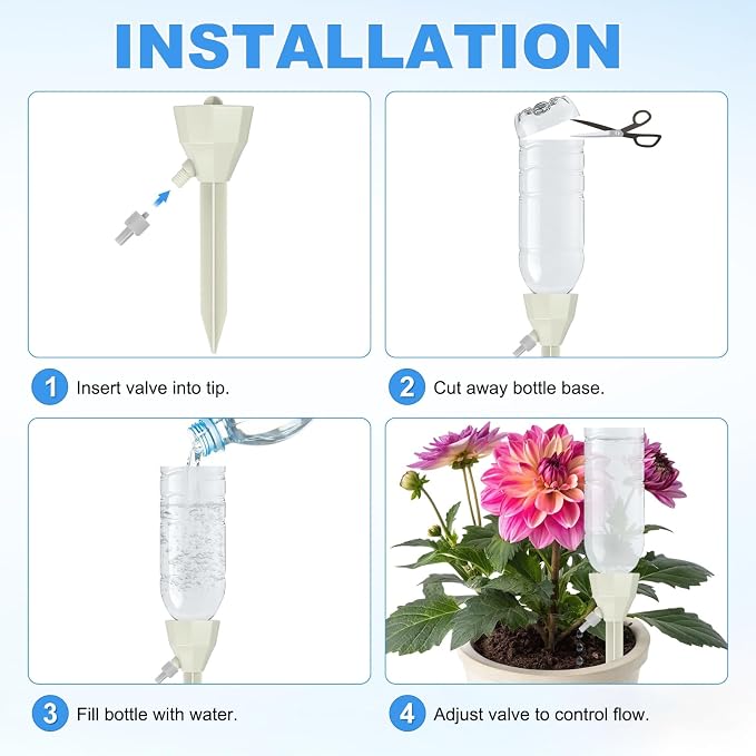 M METERXITY 4-Pack Self Watering Spikes for Plants, 5.3 Inch Plastic Plant Watering Devices with 4 Stoppers for Indoor/Outdoor Pots, Garden Water Planter System [Beige]